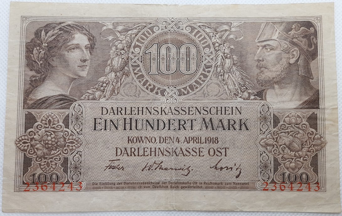 Banknot 100 marek 1918 Kowno